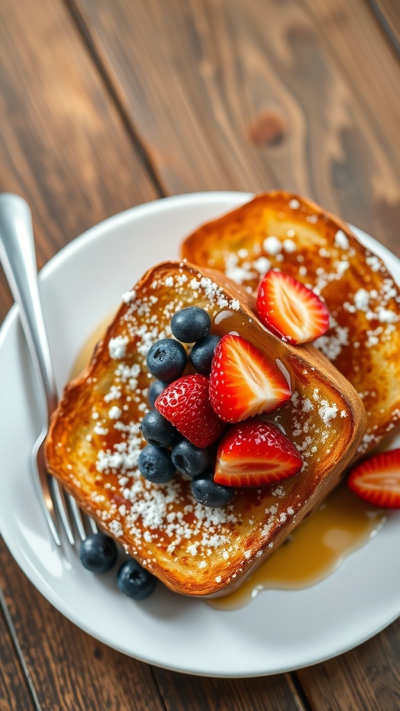 Golden brown French toast topped with strawberries and blueberries, dusted with powdered sugar, on a rustic wooden table.